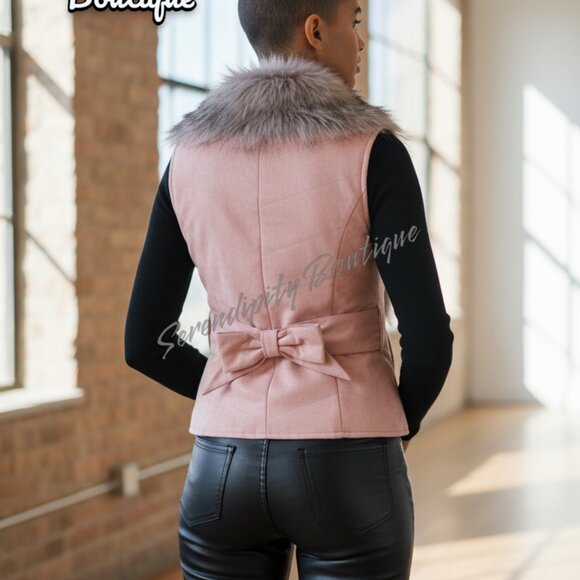 Moto Feminine Urban Glove Tanned Faux Leather Lush Fur Trim Stylish Zip Up Vest - Picture 3 of 10
